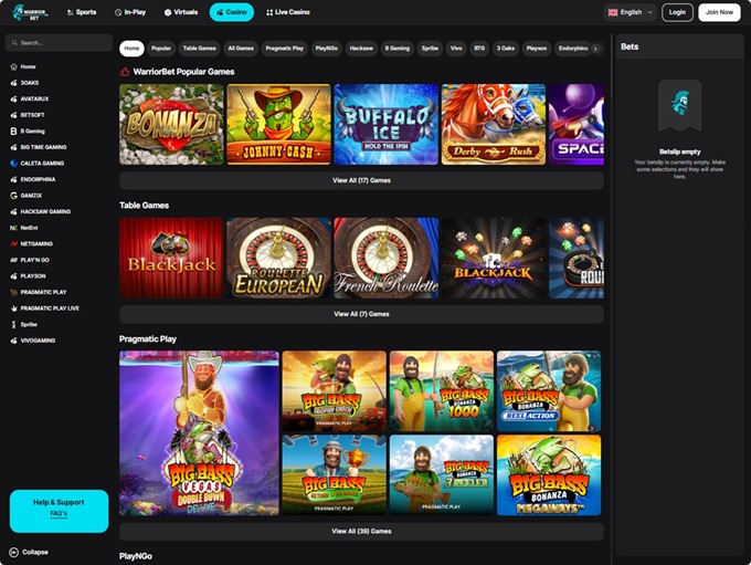 WarriorBet lobby
