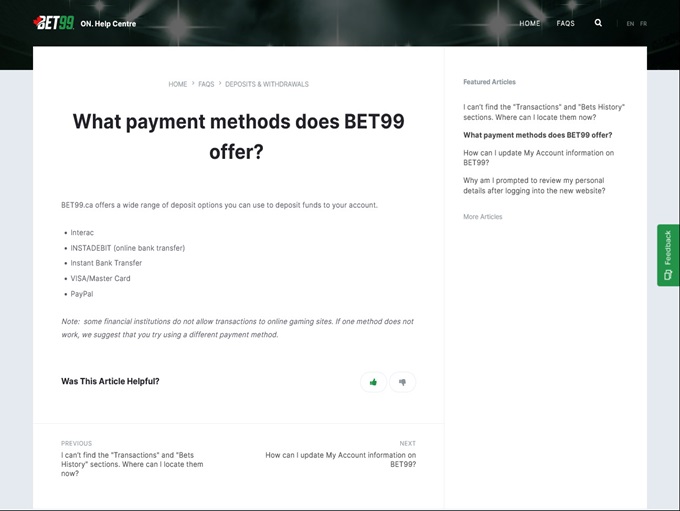 BET99 Casino Ontario screenshot 3