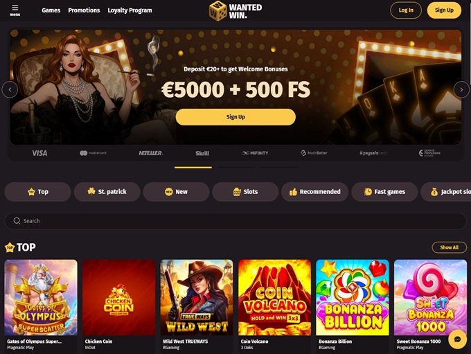 WantedWin Casino lobby