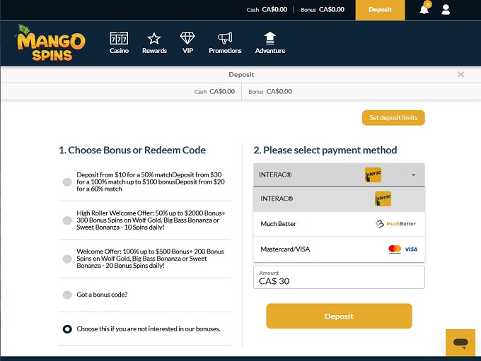 Mango Spins Casino screenshot 3