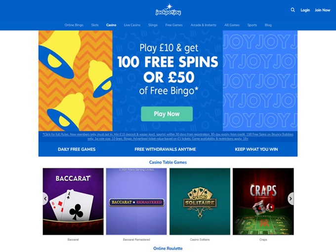 Jackpotjoy UK Casino lobby